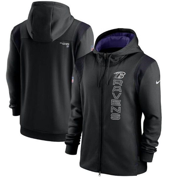 Men's Baltimore Ravens 2021 Black Sideline Team Performance Full-Zip Hoodie